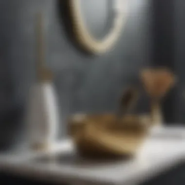 A chic bathroom setting featuring a brass toilet bowl brush