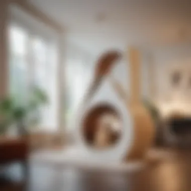 An artistic cat house resembling modern sculpture, placed in an artistic living area.