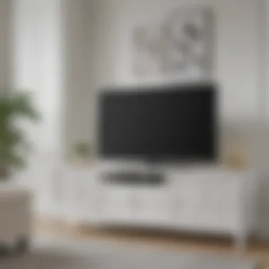 Close-up view of a stylish white TV stand with decorative elements