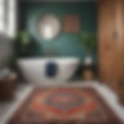 A beautifully patterned boho rug enhancing a bathroom's decor