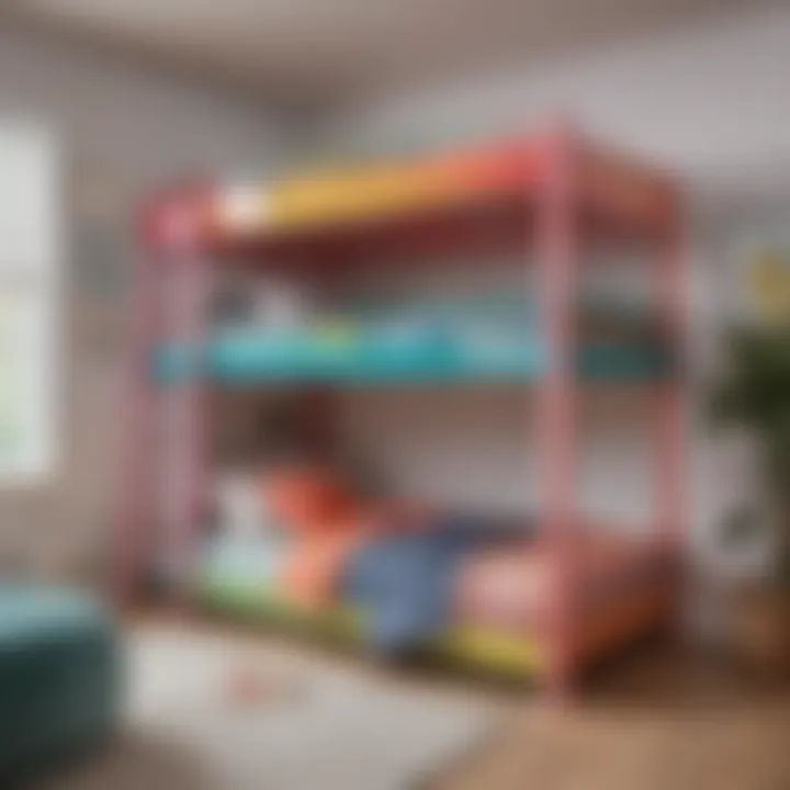 Cozy children's room featuring a colorful three-tier bunk bed arrangement.