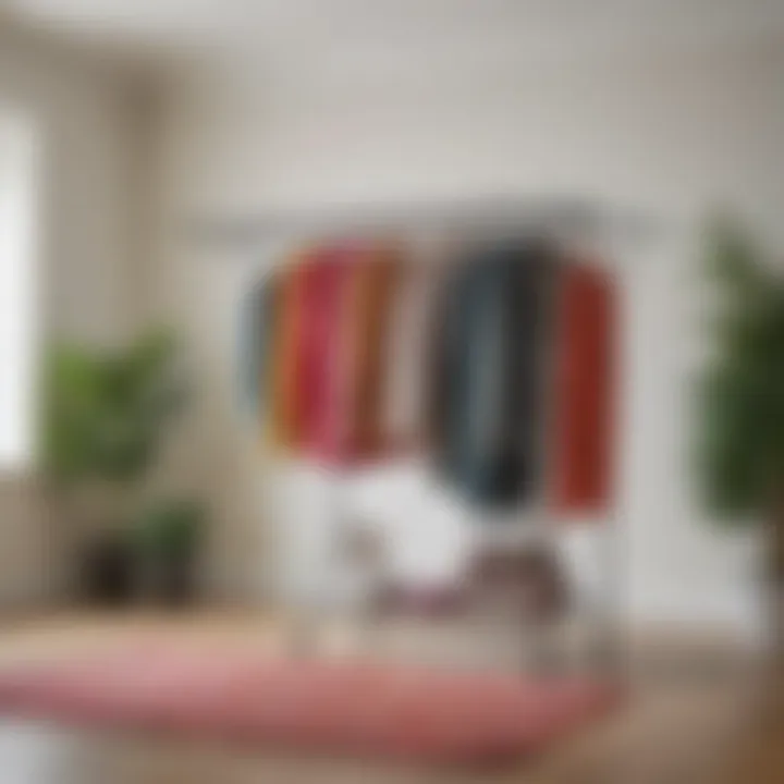 An expanding drying rack filled with colorful clothes in a cozy living space