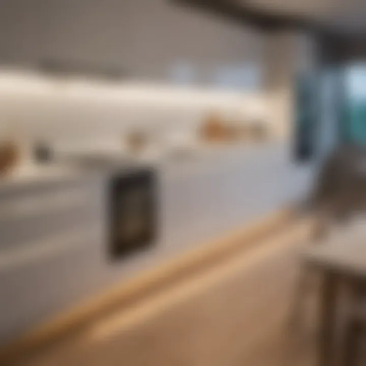 Close-up view of LED strip lights installed in a kitchen cabinet