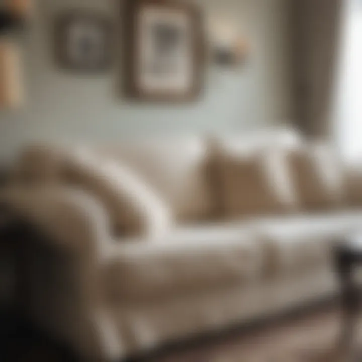 Maintenance tips for slipcovers displayed on a sofa