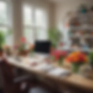 Colorful array of cute fake flowers enhancing a workspace