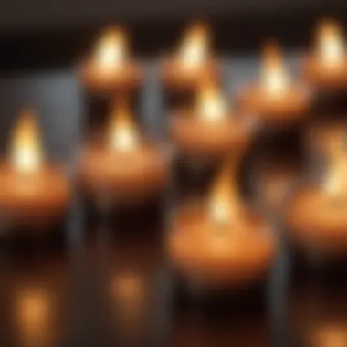 Close-up of battery tea lights showcasing their flickering flame effect