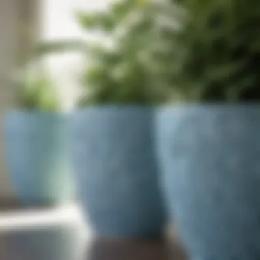 Close-up of intricate patterns on a light blue ceramic planter.