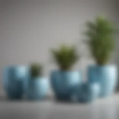 A collection of light blue ceramic planters showcasing various shapes and sizes.