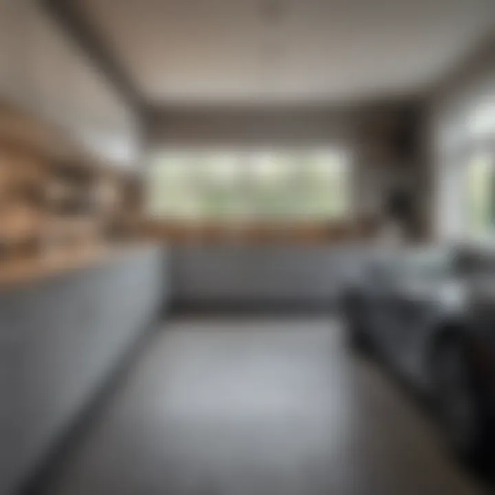 A well-organized garage with stylish cabinets