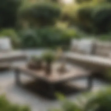 Aesthetic Outdoor Coffee Table Arrangement Stylish outdoor coffee table setup surrounded by greenery