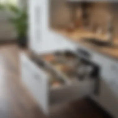 Organized kitchen featuring a slide out trash drawer