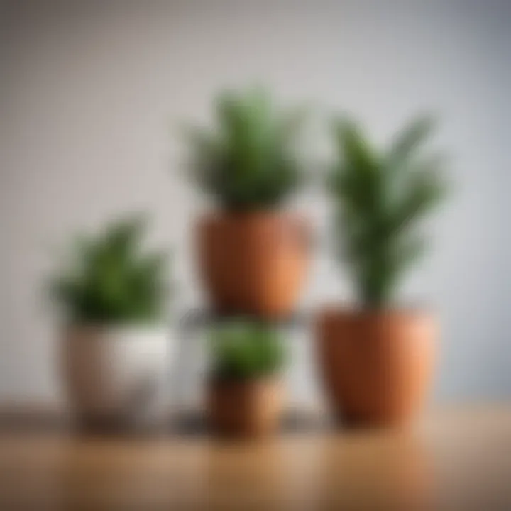 Varieties of materials used in fake plant pot designs on display.