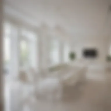 Inviting ambience created by an extra long white table in a spacious dining area