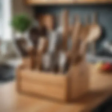 A wooden utensil caddy featuring various kitchen tools