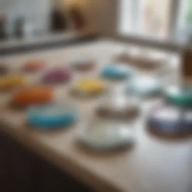 Different types of glass lids displayed on a countertop