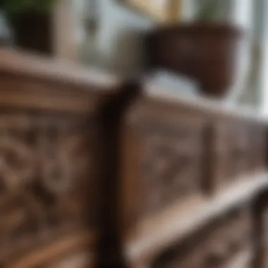 Close-up of intricate drawer details on a wooden console table