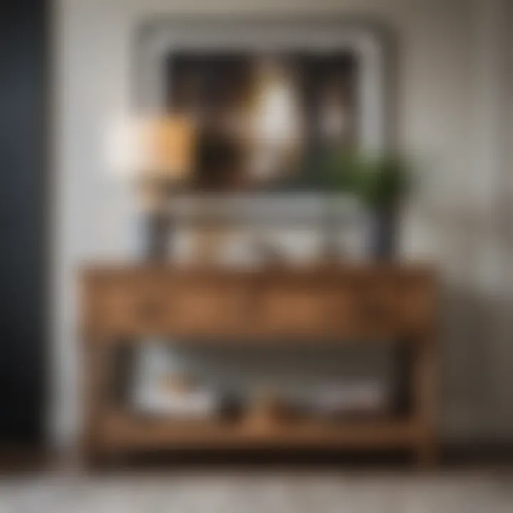 Wooden console table styled with decor in an entryway