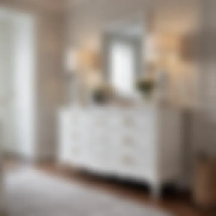 White dresser with eight drawers used as a statement piece in a contemporary hallway